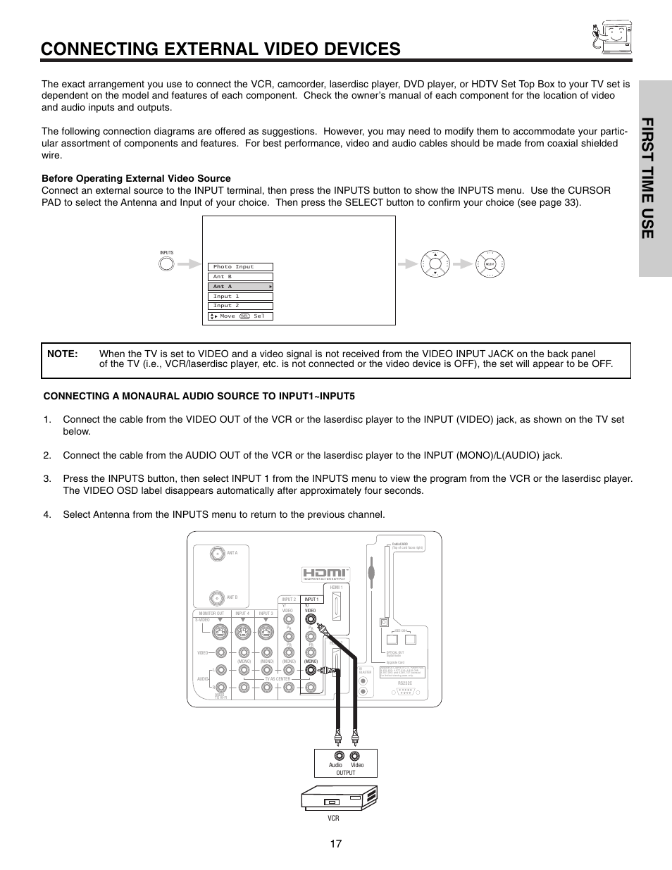 Connecting external video devices, First time use | Hitachi 50VX915 User Manual | Page 17 / 96