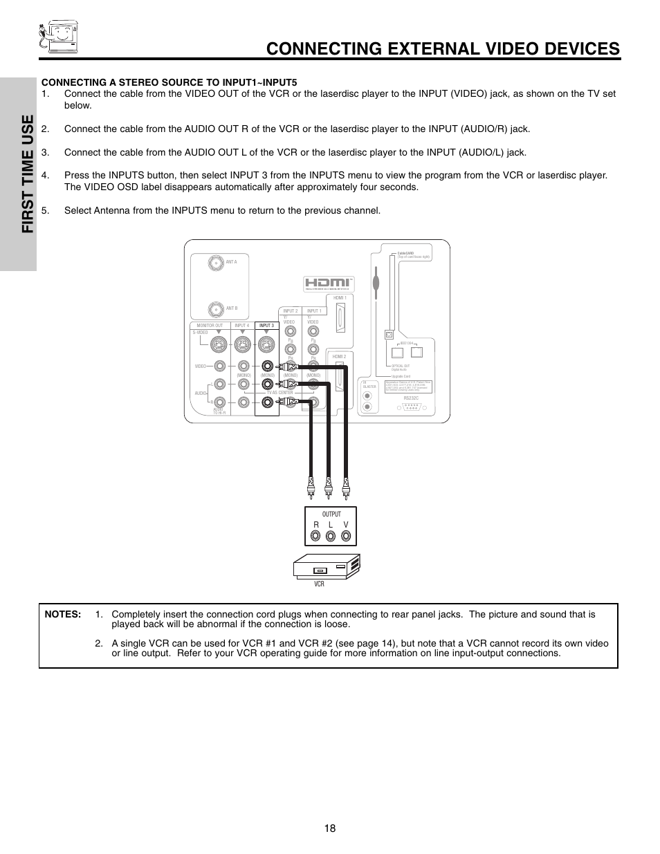 Connecting external video devices, First time use, Rl v | Hitachi 50VX915 User Manual | Page 18 / 96