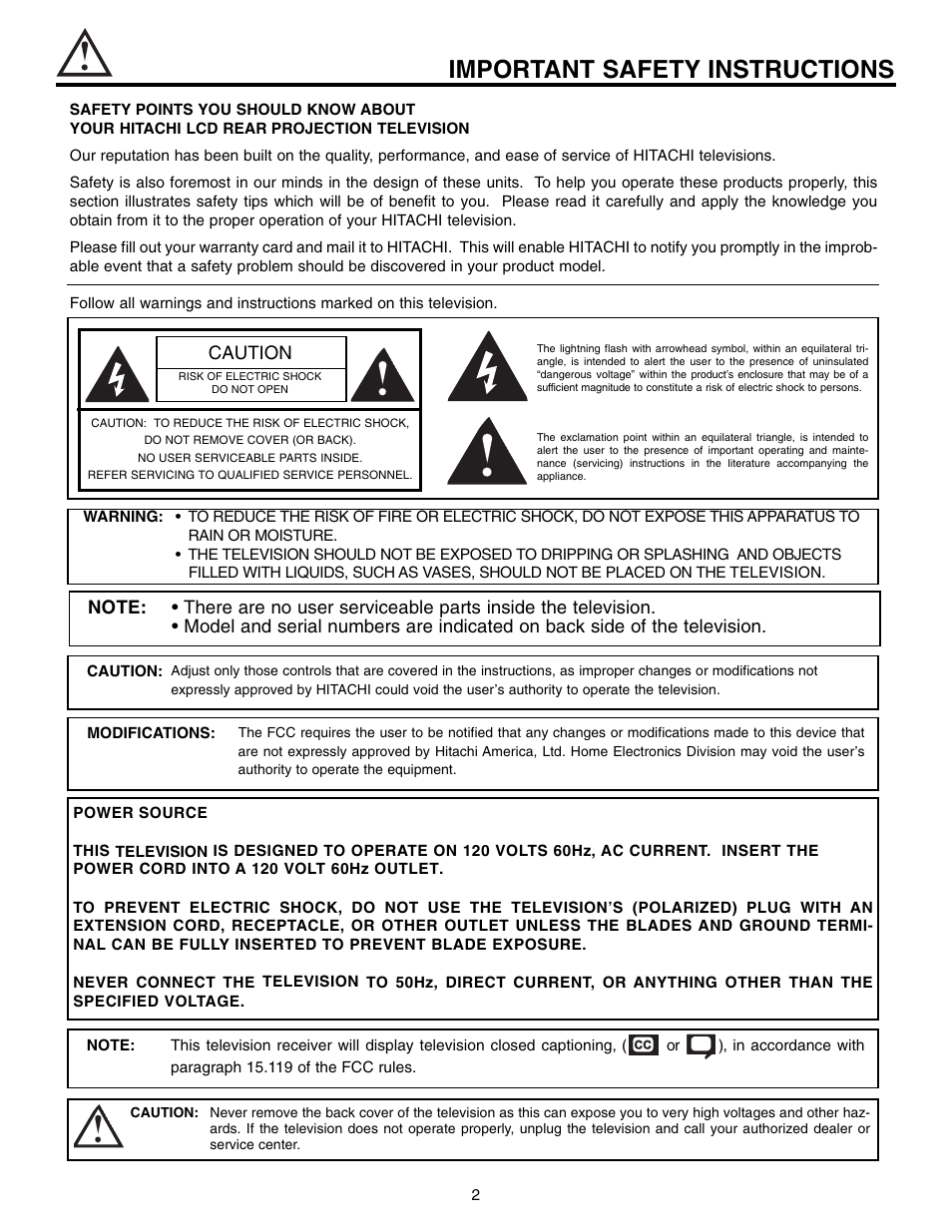 Important safety instructions, Caution | Hitachi 50VX915 User Manual | Page 2 / 96