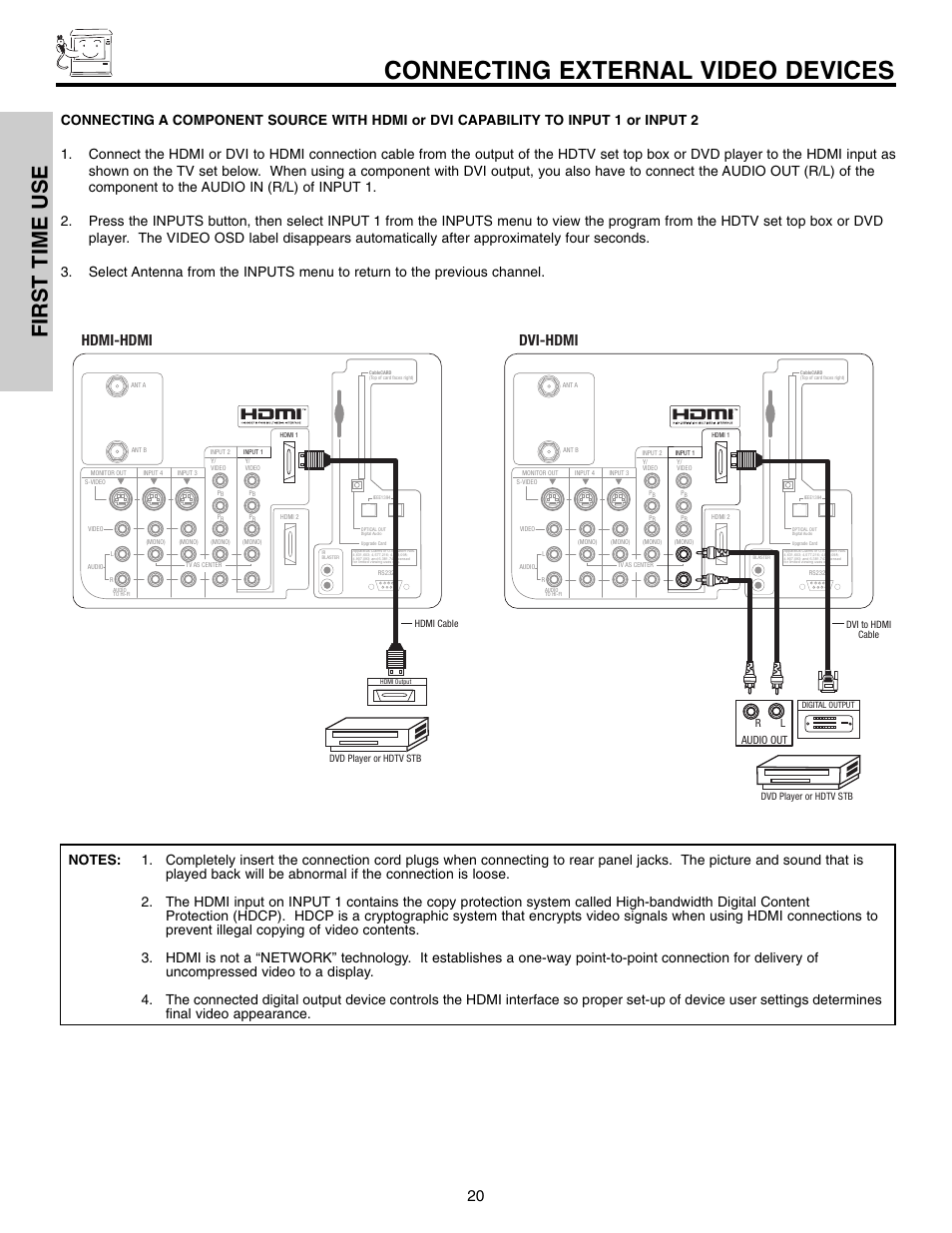 Connecting external video devices, First time use, Dvi-hdmi | Hdmi-hdmi, Rl audio out | Hitachi 50VX915 User Manual | Page 20 / 96