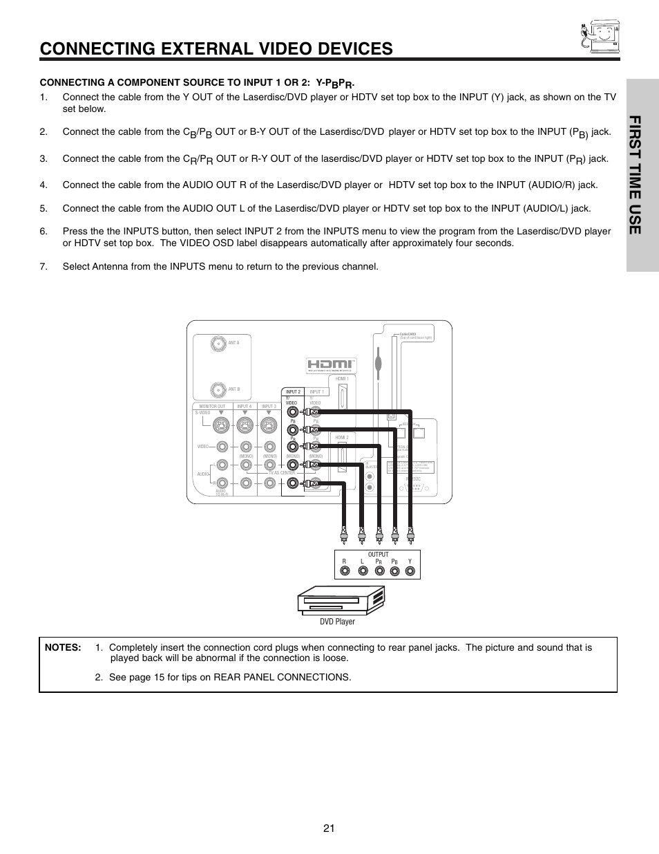 Connecting external video devices, First time use, Dvd player | Hitachi 50VX915 User Manual | Page 21 / 96