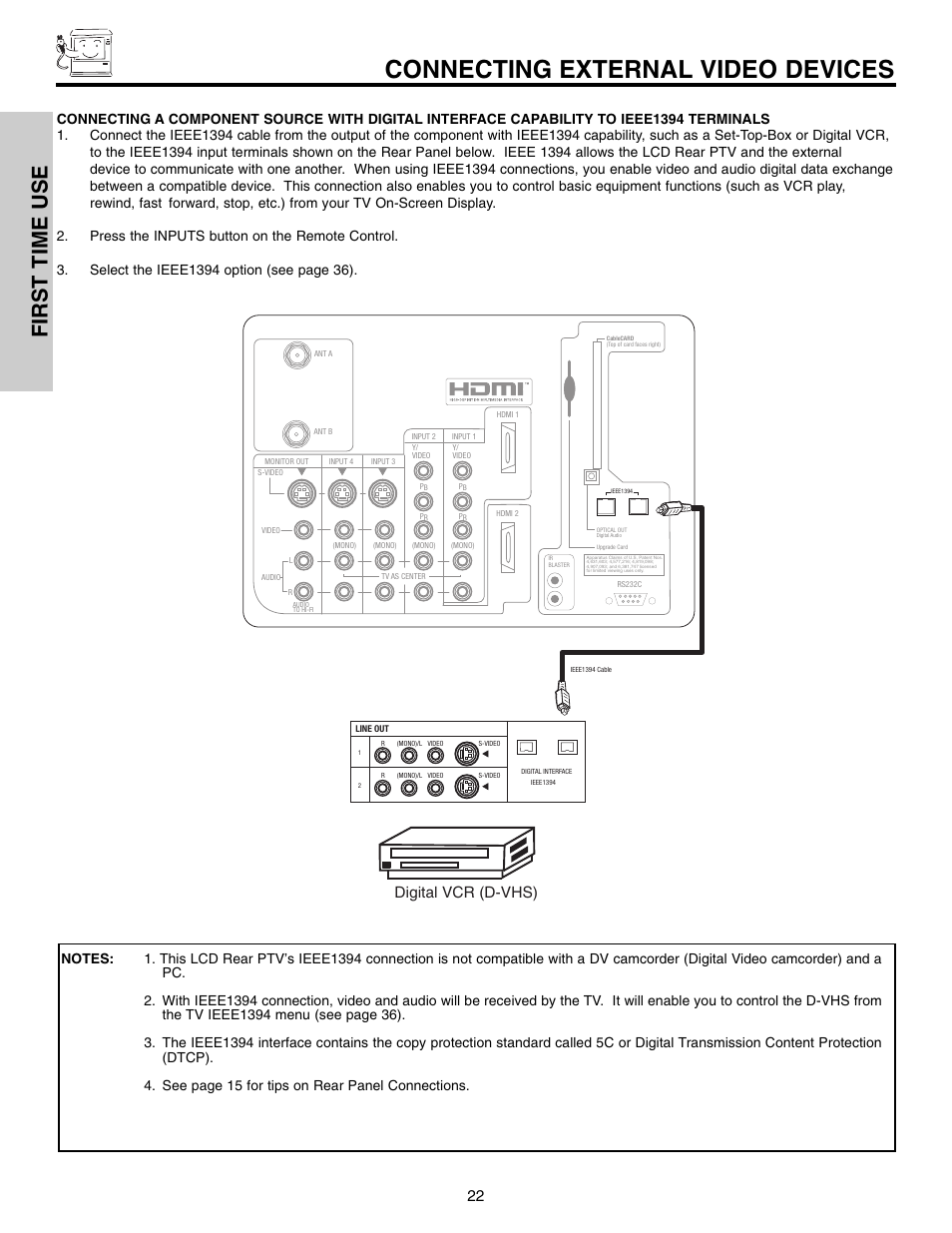 Connecting external video devices, First time use, Digital vcr (d-vhs) | Hitachi 50VX915 User Manual | Page 22 / 96