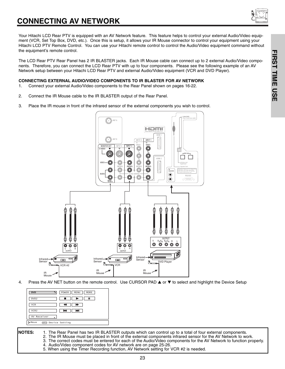 Connecting av network, First time use | Hitachi 50VX915 User Manual | Page 23 / 96