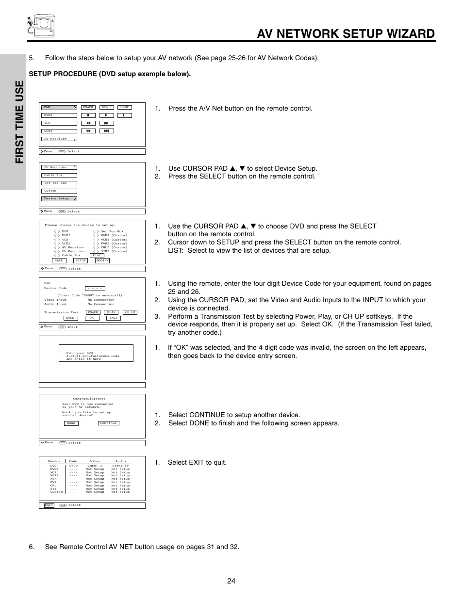 Av network setup wizard, First time use | Hitachi 50VX915 User Manual | Page 24 / 96