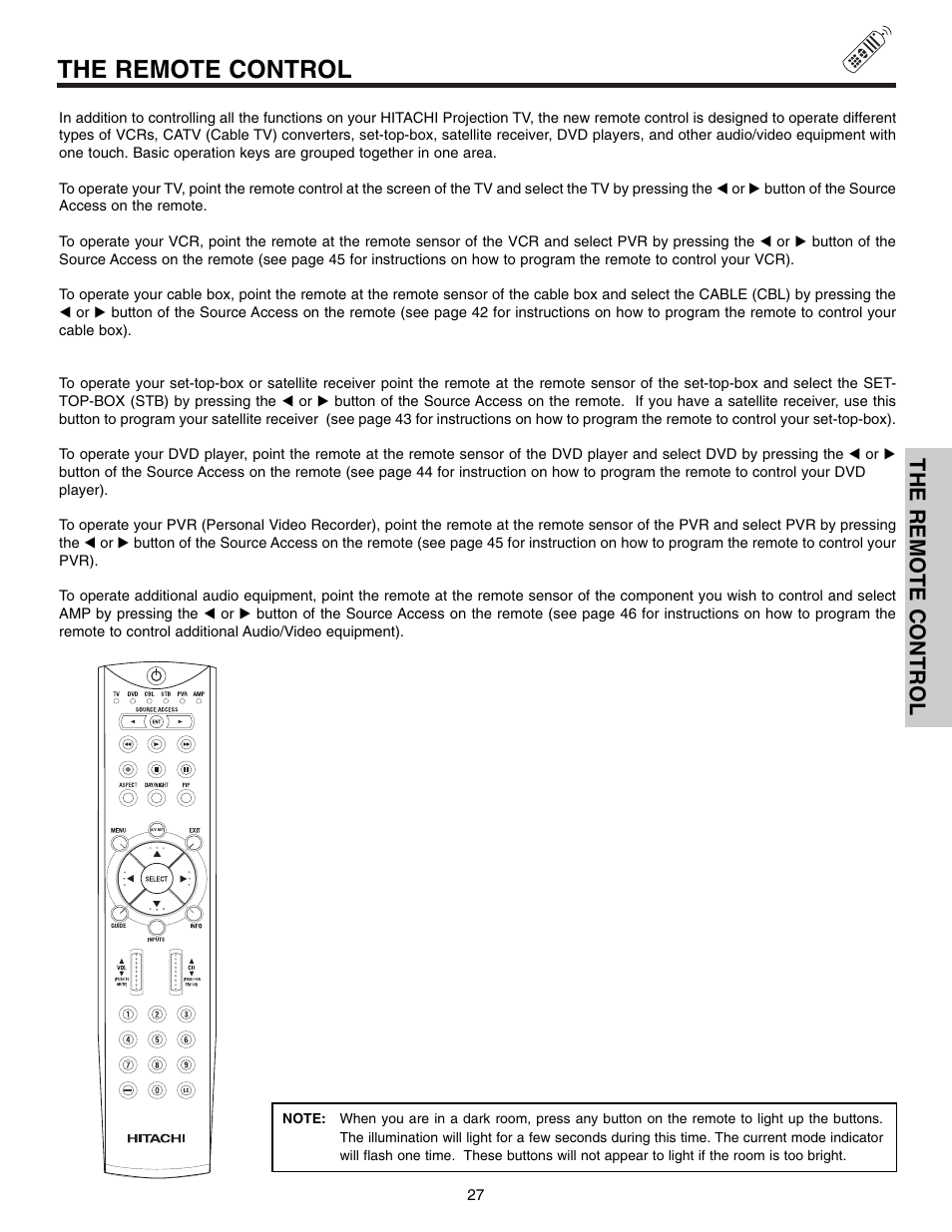 The remote control | Hitachi 50VX915 User Manual | Page 27 / 96
