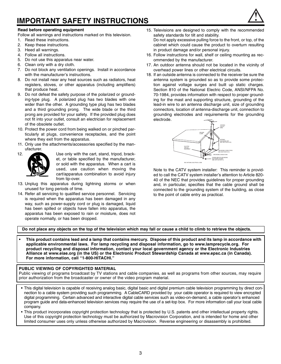 Important safety instructions | Hitachi 50VX915 User Manual | Page 3 / 96