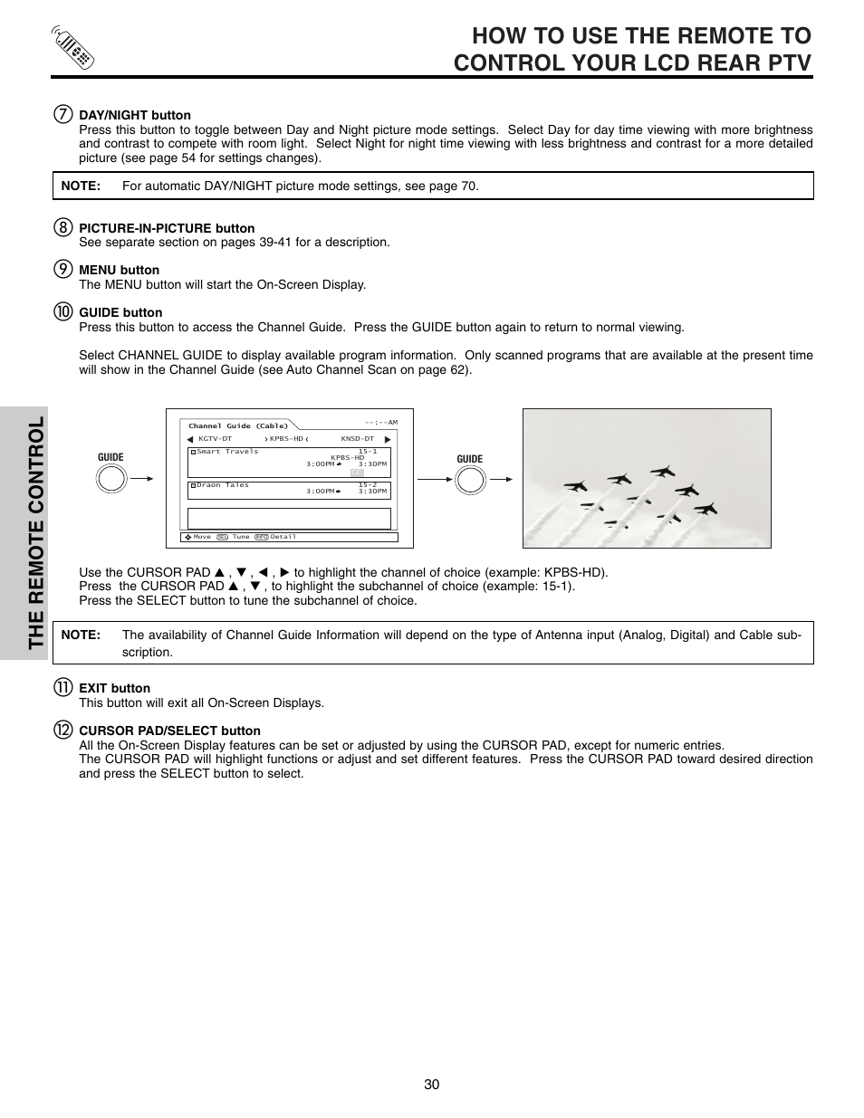 How to use the remote to control your lcd rear ptv, The remote control | Hitachi 50VX915 User Manual | Page 30 / 96