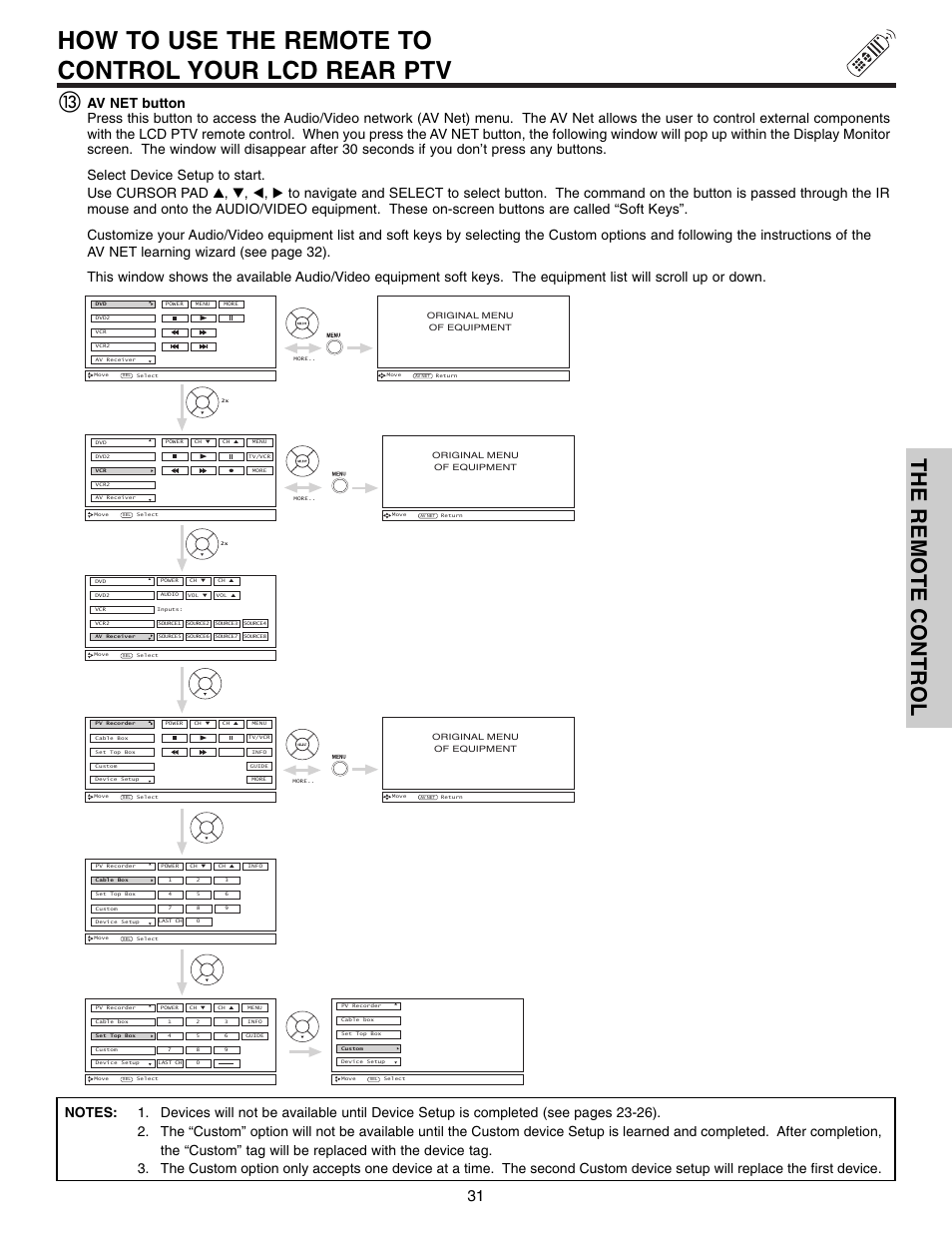 How to use the remote to control your lcd rear ptv, The remote control ቯ | Hitachi 50VX915 User Manual | Page 31 / 96