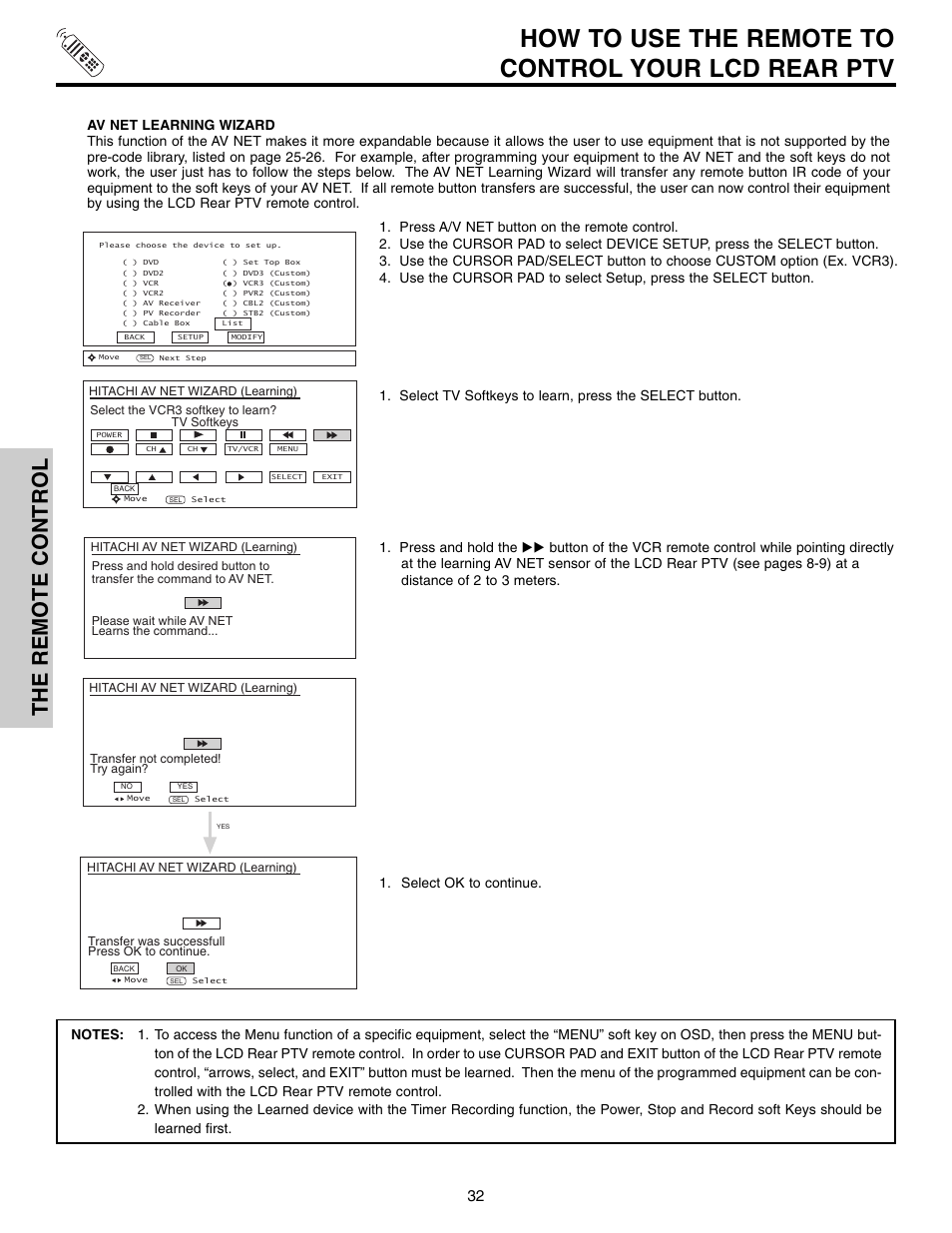 How to use the remote to control your lcd rear ptv, The remote control | Hitachi 50VX915 User Manual | Page 32 / 96