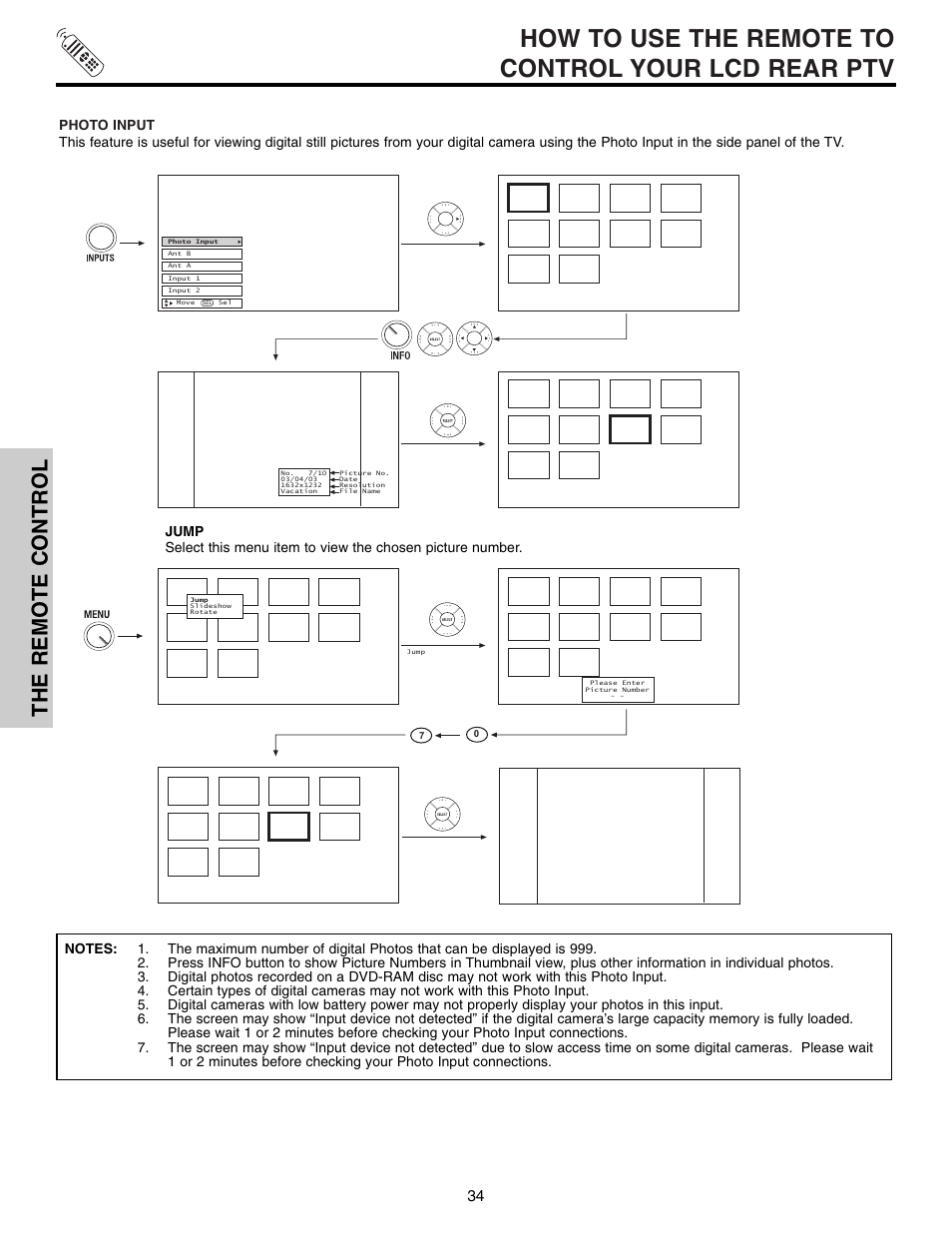 How to use the remote to control your lcd rear ptv, The remote control | Hitachi 50VX915 User Manual | Page 34 / 96