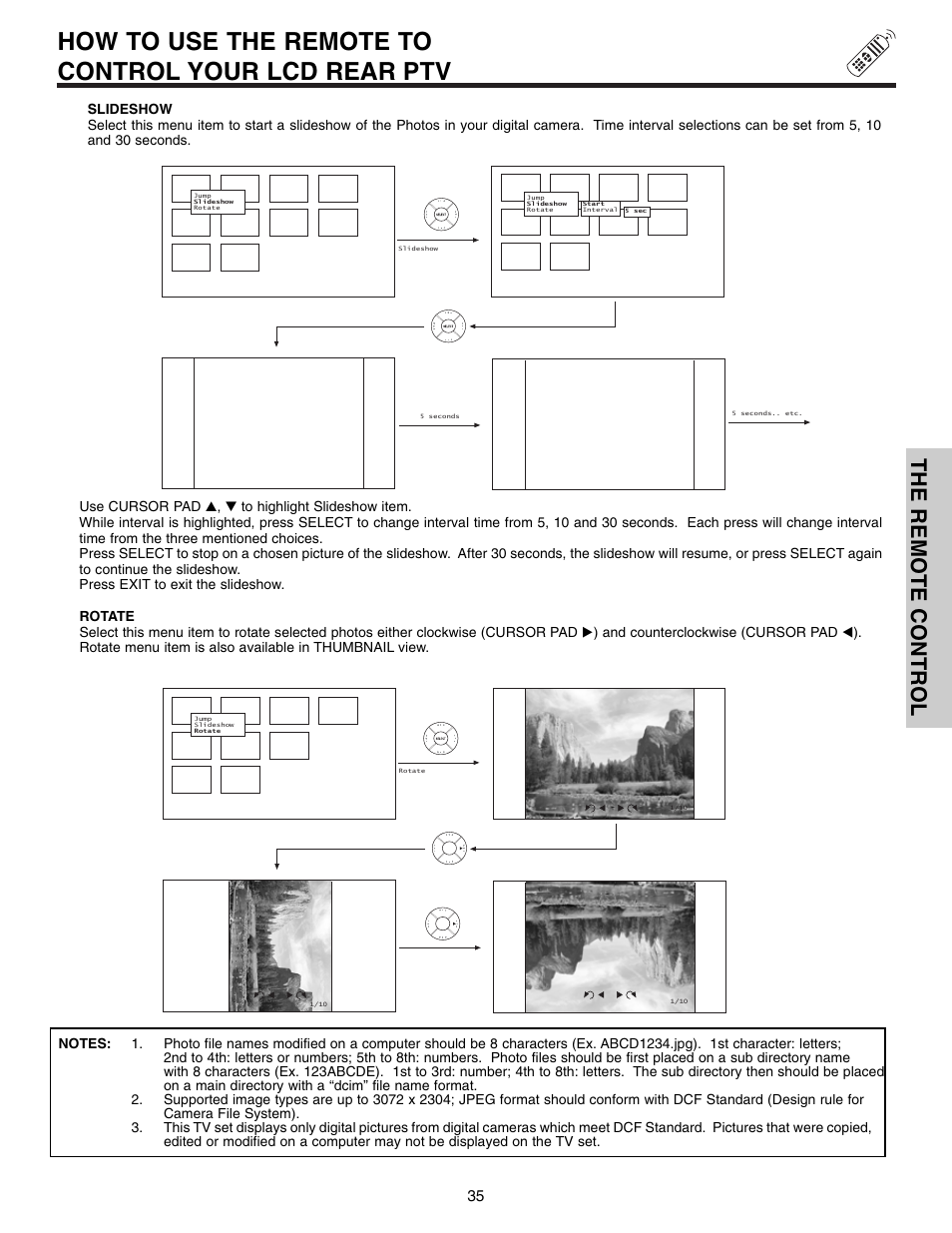 How to use the remote to control your lcd rear ptv, The remote control | Hitachi 50VX915 User Manual | Page 35 / 96