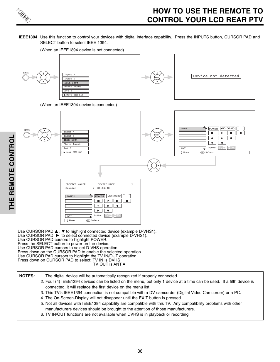 How to use the remote to control your lcd rear ptv, The remote control | Hitachi 50VX915 User Manual | Page 36 / 96