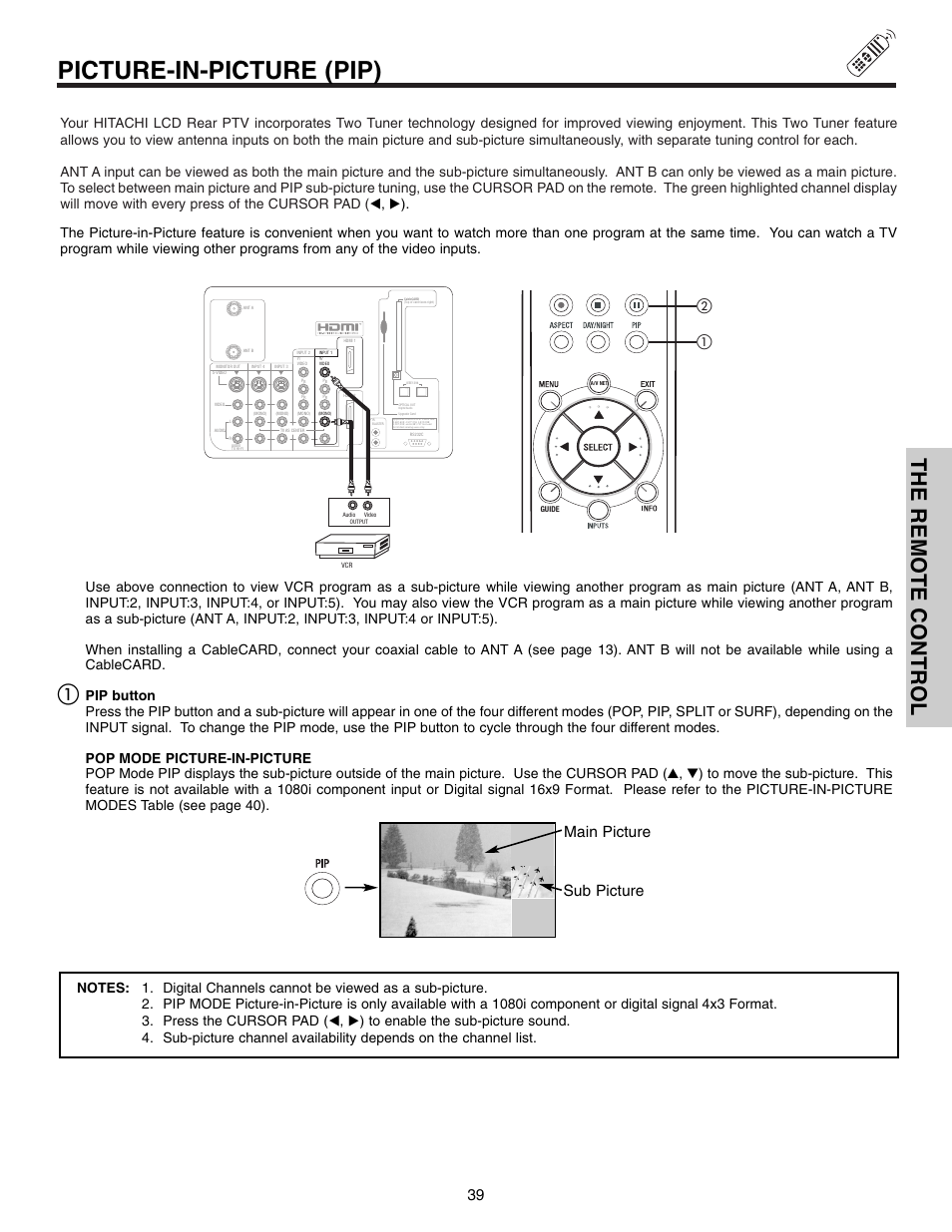 Picture-in-picture (pip), The remote control, Main picture sub picture | Hitachi 50VX915 User Manual | Page 39 / 96