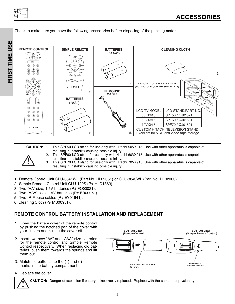 Accessories, First time use | Hitachi 50VX915 User Manual | Page 4 / 96