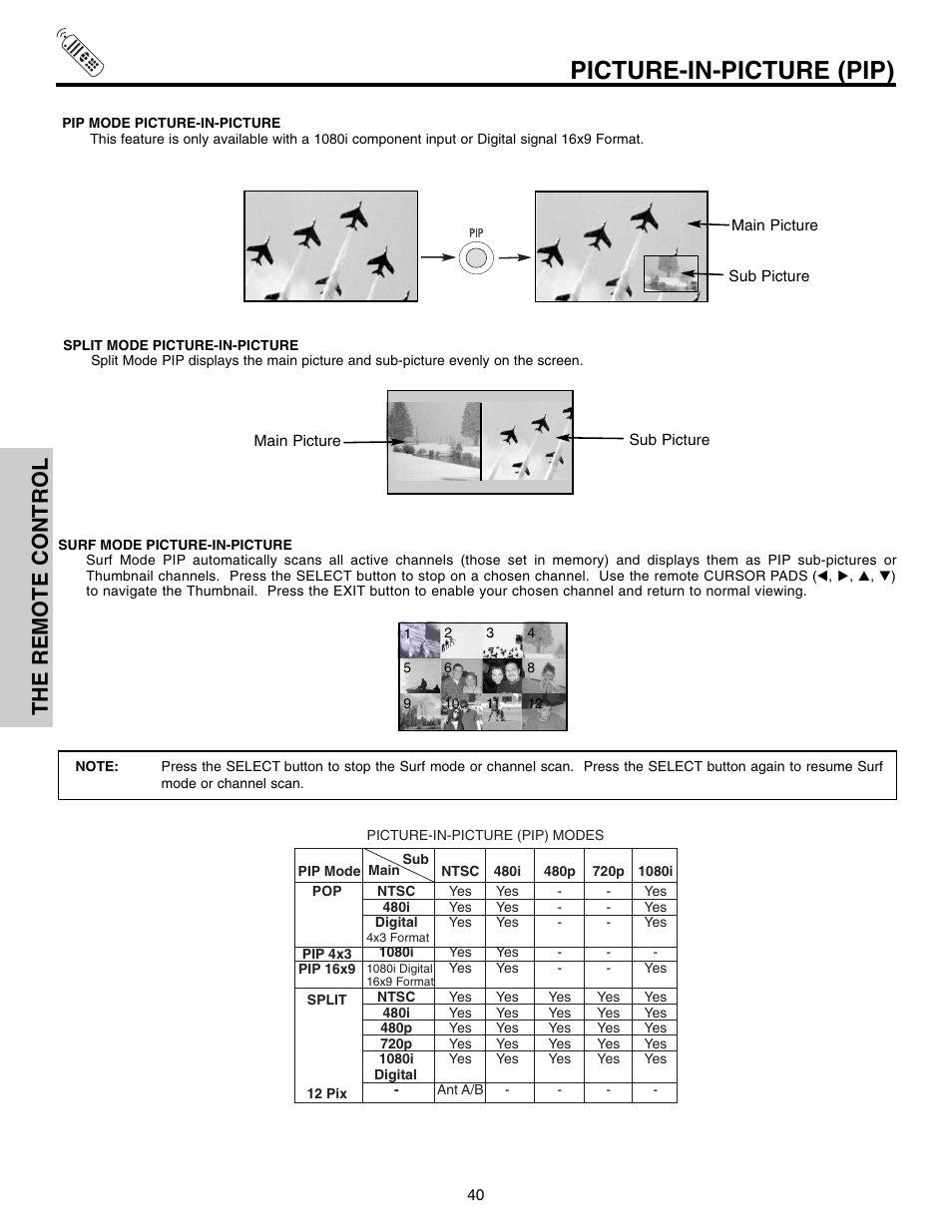 Picture-in-picture (pip), The remote control | Hitachi 50VX915 User Manual | Page 40 / 96