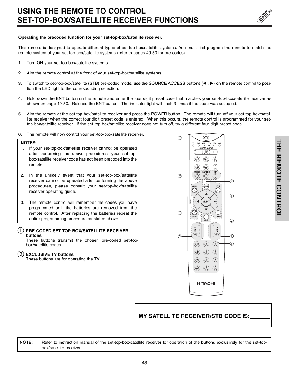 The remote control, My satellite receiver/stb code is | Hitachi 50VX915 User Manual | Page 43 / 96