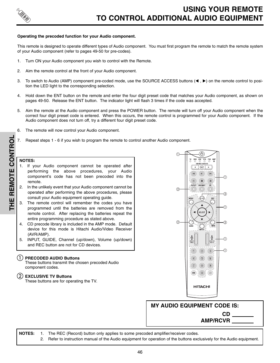 The remote control, My audio equipment code is, Cd amp/rcvr | Hitachi 50VX915 User Manual | Page 46 / 96
