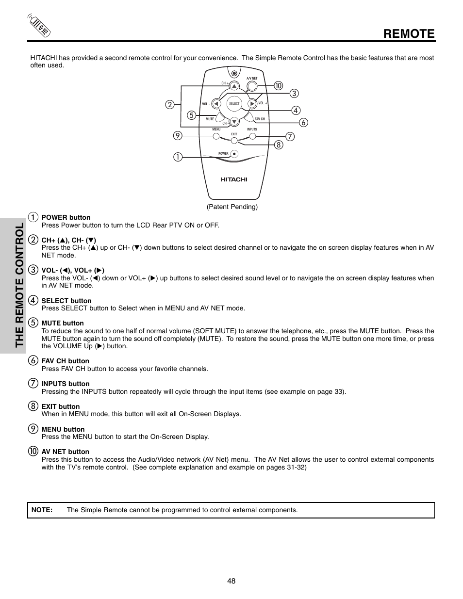 Remote, The remote control | Hitachi 50VX915 User Manual | Page 48 / 96