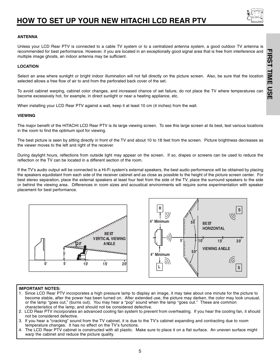 How to set up your new hitachi lcd rear ptv, First time use | Hitachi 50VX915 User Manual | Page 5 / 96