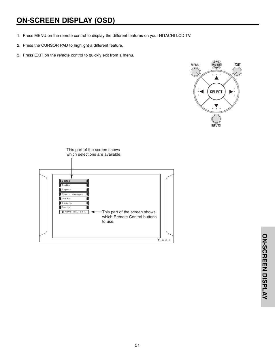 On-screen display (osd), On-screen displa y | Hitachi 50VX915 User Manual | Page 51 / 96