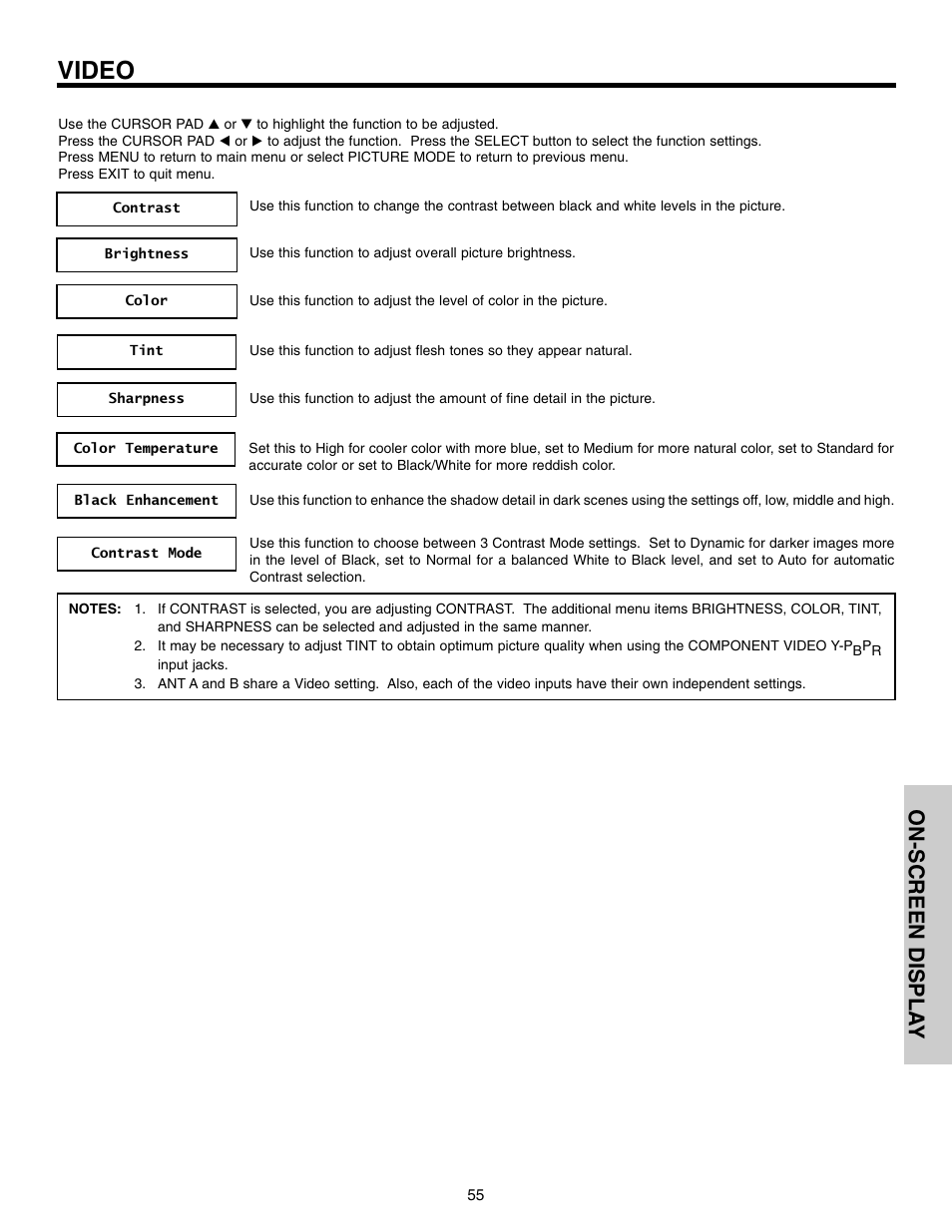 Video, On-screen displa y | Hitachi 50VX915 User Manual | Page 55 / 96