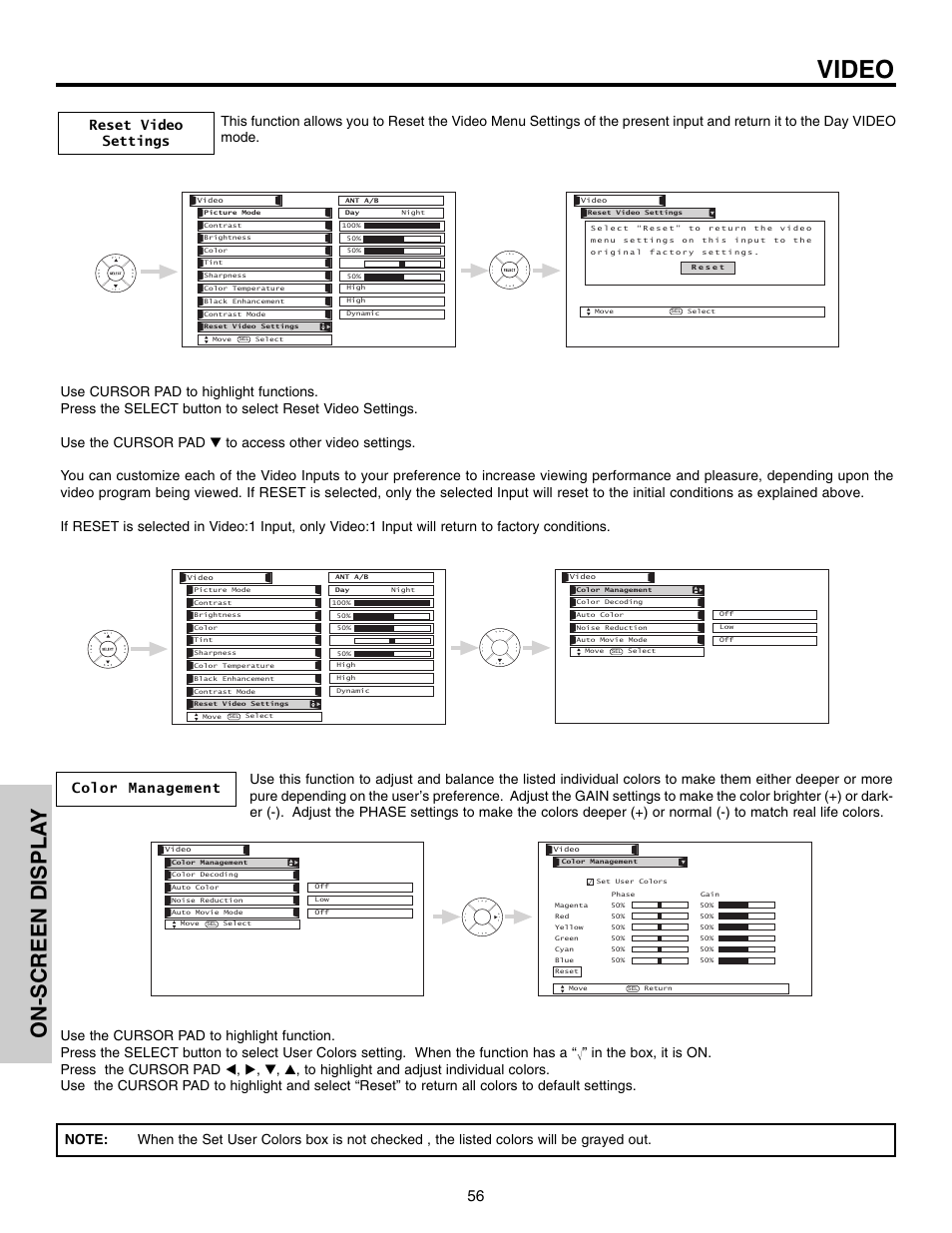 Video, On-screen displa y | Hitachi 50VX915 User Manual | Page 56 / 96