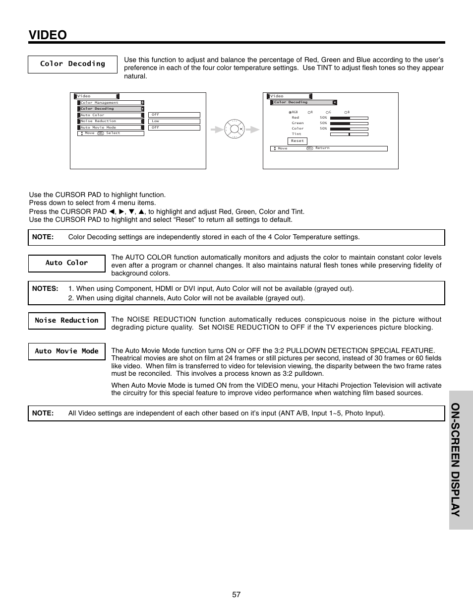 Video, On-screen displa y | Hitachi 50VX915 User Manual | Page 57 / 96