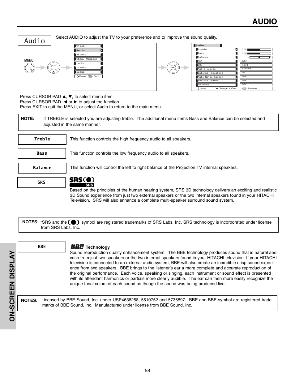 Audio, On-screen displa y | Hitachi 50VX915 User Manual | Page 58 / 96