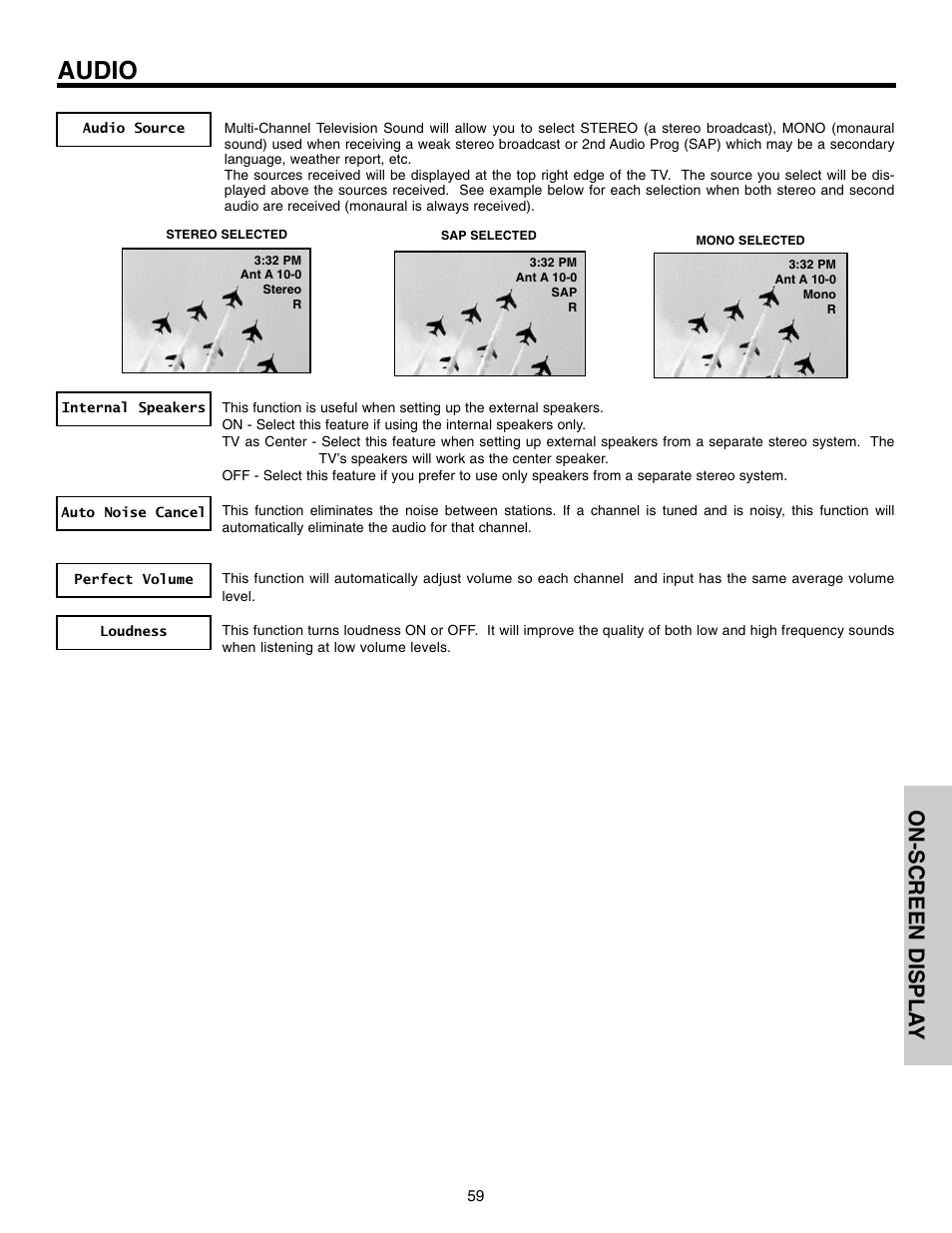 Audio, On-screen displa y | Hitachi 50VX915 User Manual | Page 59 / 96