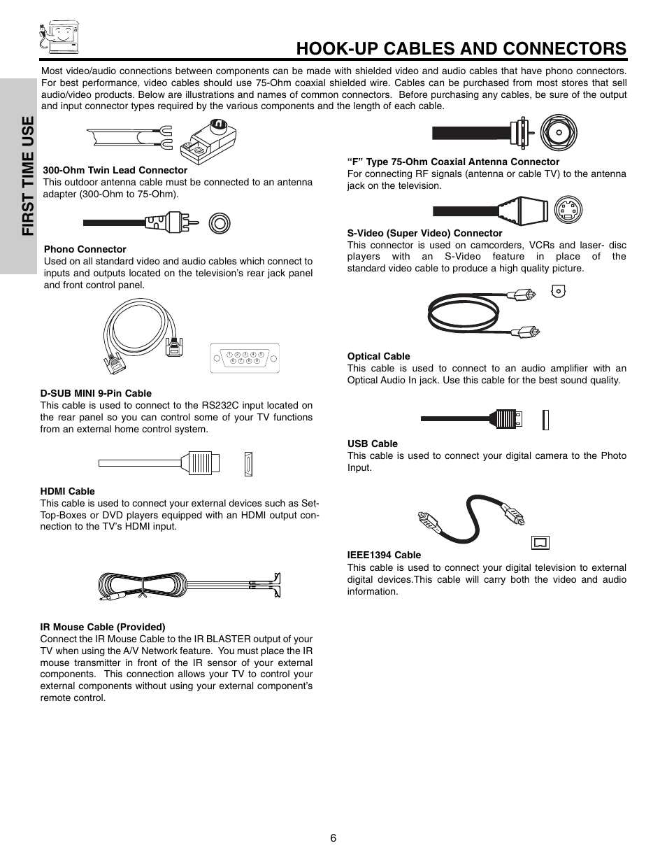 Hook-up cables and connectors, First time use | Hitachi 50VX915 User Manual | Page 6 / 96