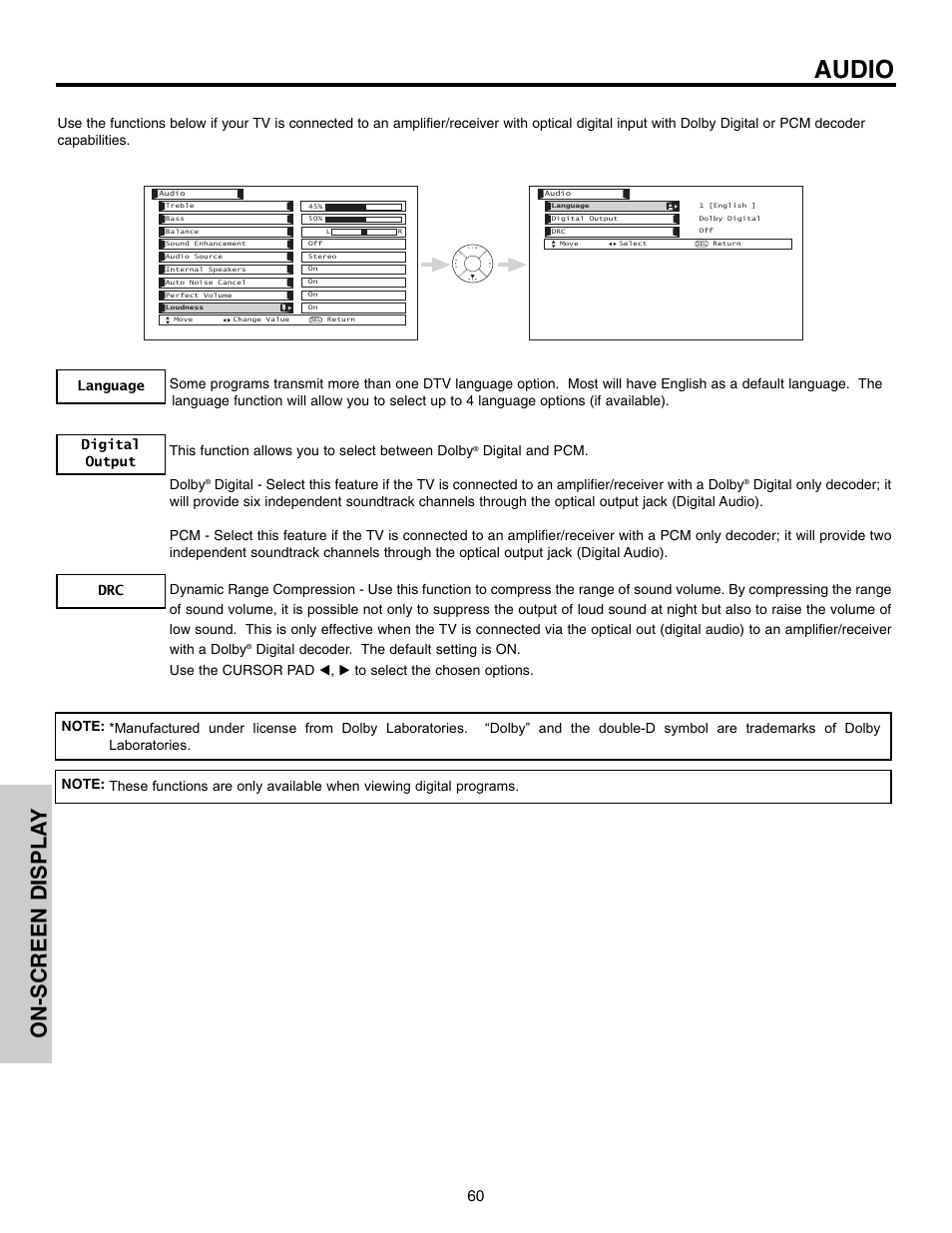 Audio, On-screen displa y, Digital and pcm. dolby | Hitachi 50VX915 User Manual | Page 60 / 96