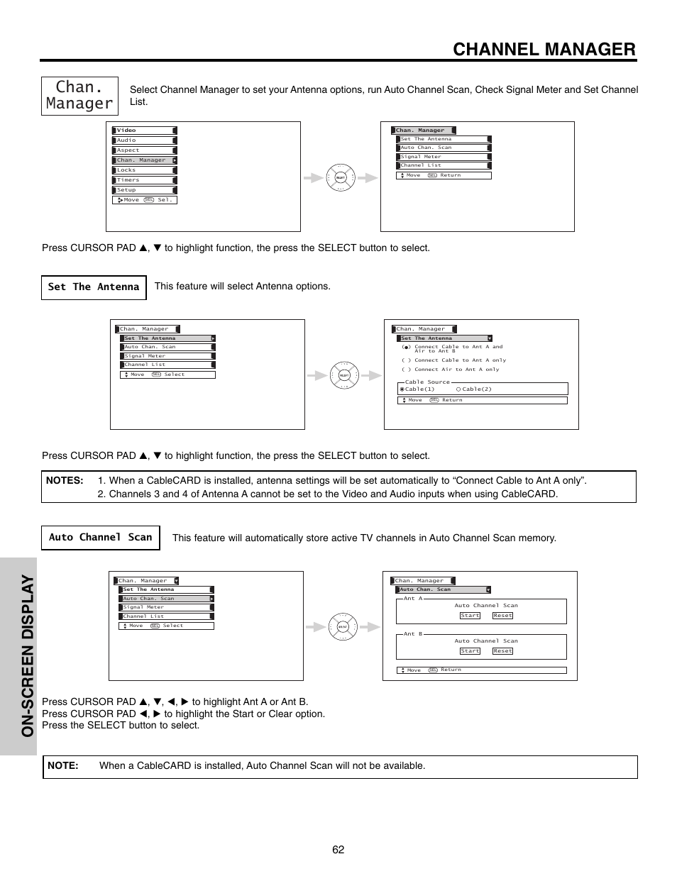 Channel manager, Chan. manager, On-screen displa y | This feature will select antenna options | Hitachi 50VX915 User Manual | Page 62 / 96