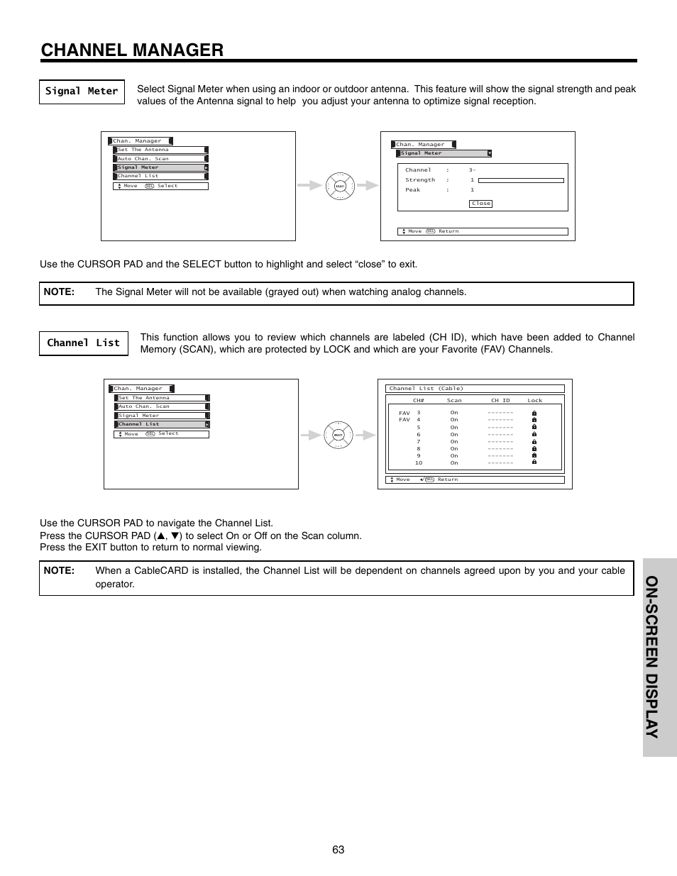 Channel manager, On-screen displa y | Hitachi 50VX915 User Manual | Page 63 / 96