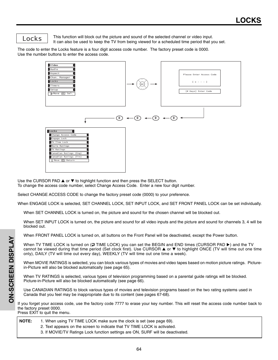 Locks, On-screen displa y | Hitachi 50VX915 User Manual | Page 64 / 96