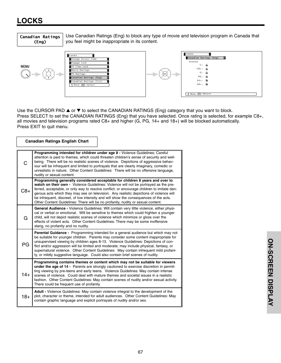 Locks, On-screen displa y | Hitachi 50VX915 User Manual | Page 67 / 96