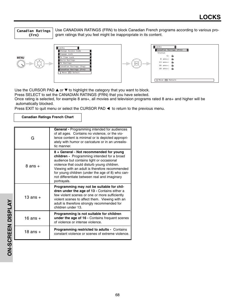 Locks, On-screen displa y | Hitachi 50VX915 User Manual | Page 68 / 96