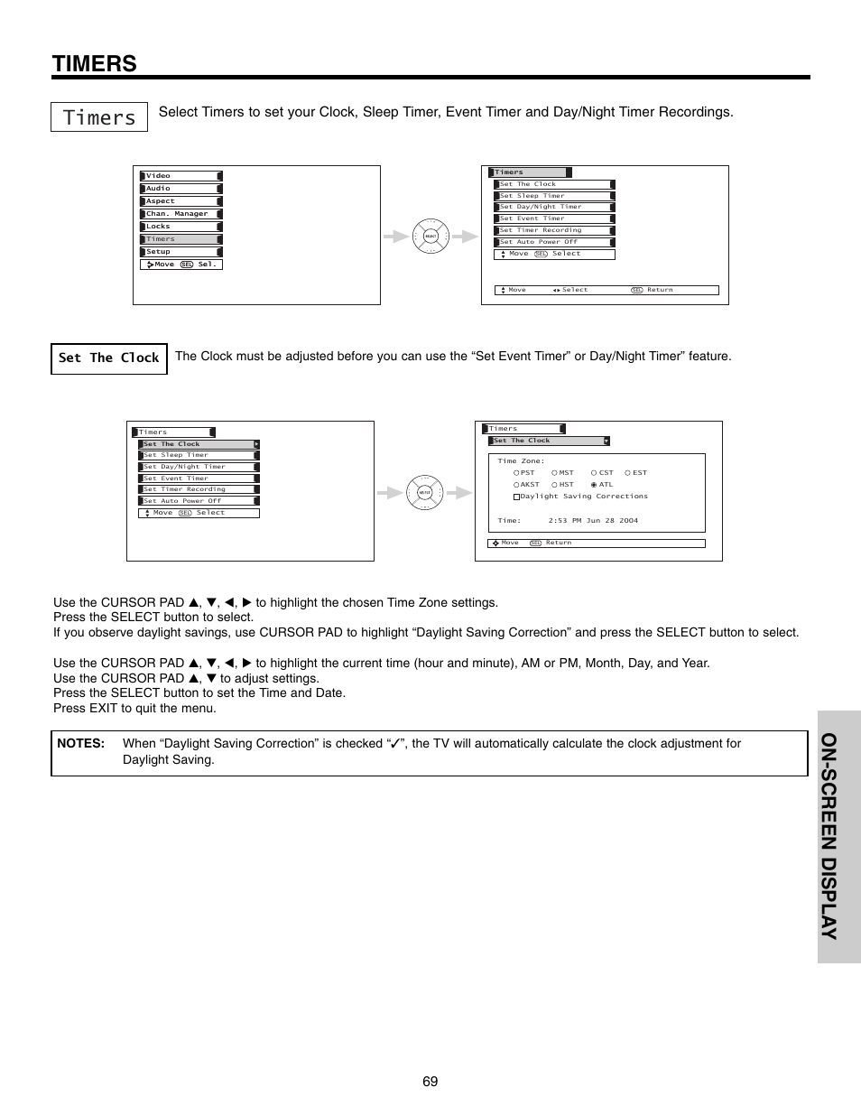 Timers, On-screen displa y, Set the clock | Hitachi 50VX915 User Manual | Page 69 / 96