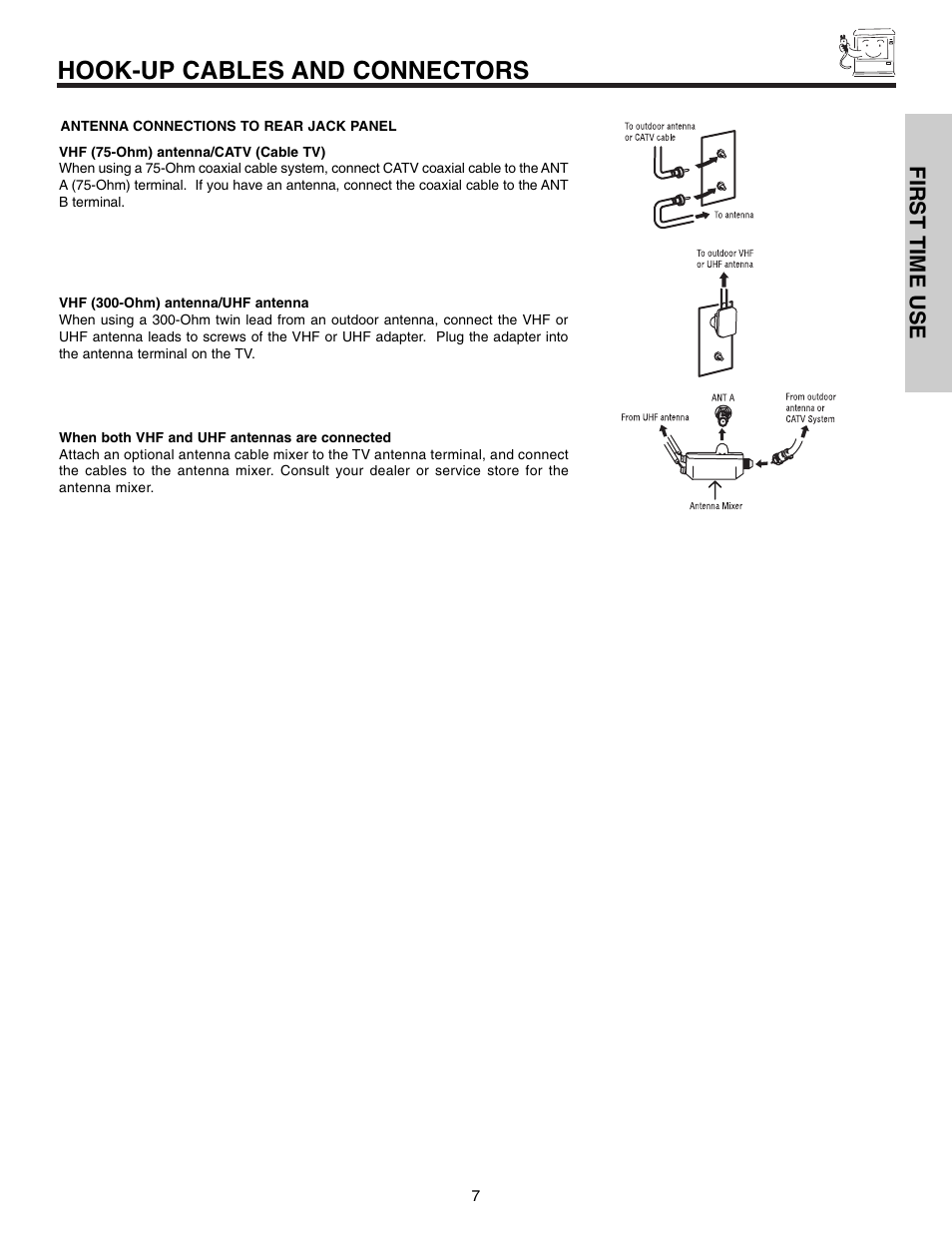 Hook-up cables and connectors, First time use | Hitachi 50VX915 User Manual | Page 7 / 96