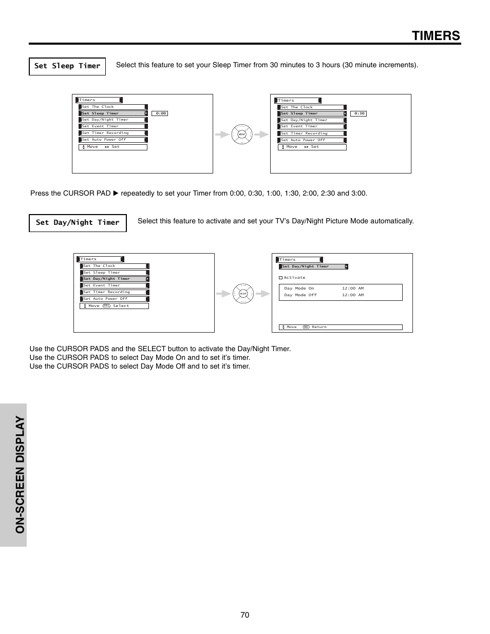 Timers, On-screen displa y | Hitachi 50VX915 User Manual | Page 70 / 96