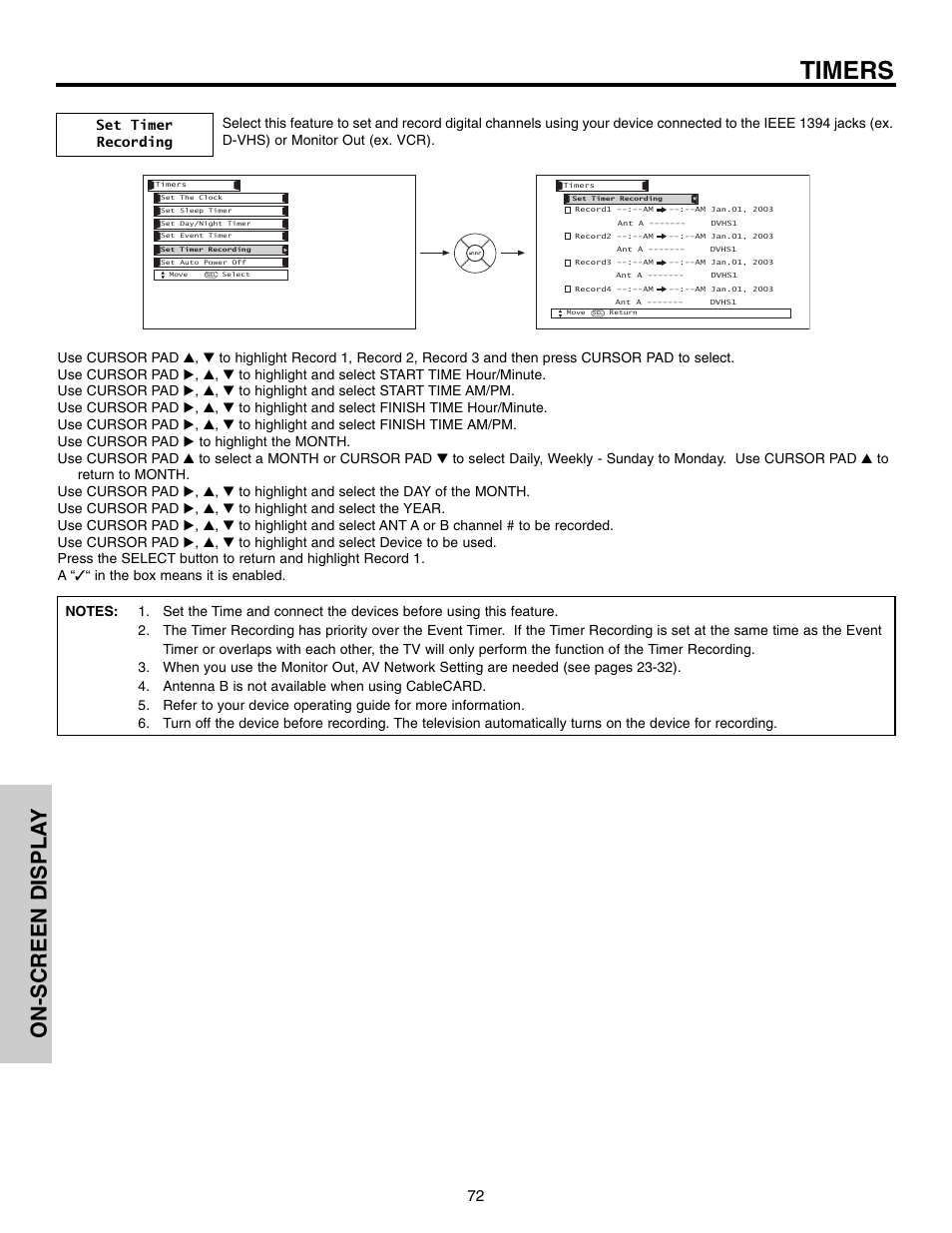 Timers, On-screen displa y | Hitachi 50VX915 User Manual | Page 72 / 96