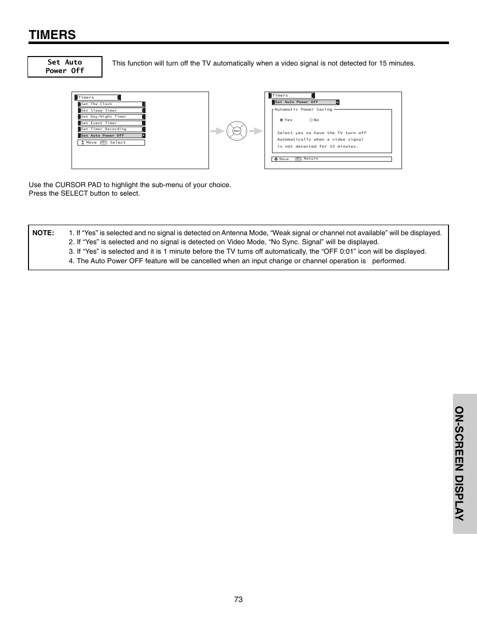 Timers, On-screen displa y | Hitachi 50VX915 User Manual | Page 73 / 96