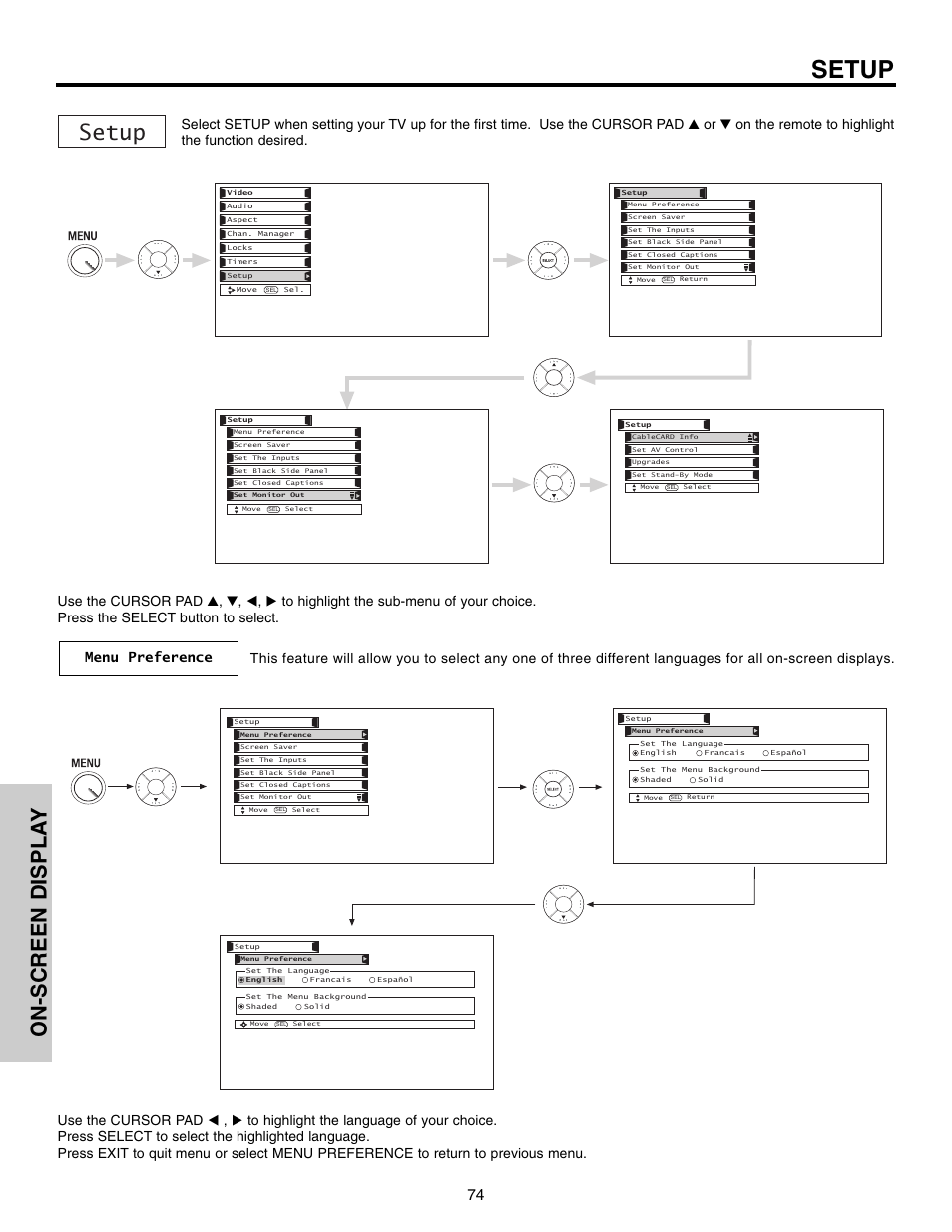 Setup, On-screen displa y | Hitachi 50VX915 User Manual | Page 74 / 96