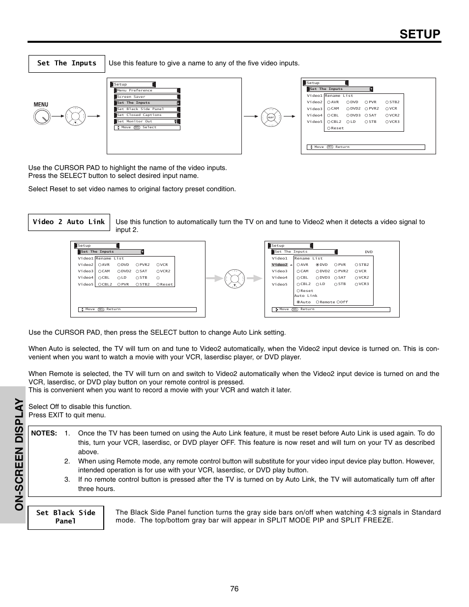 Setup, On-screen displa y | Hitachi 50VX915 User Manual | Page 76 / 96