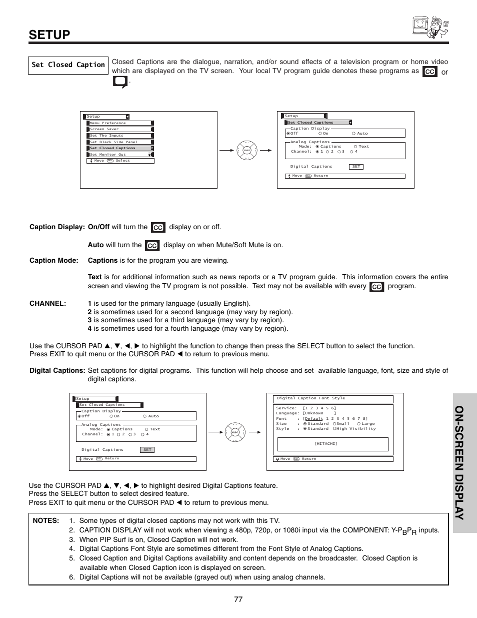 Setup, On-screen displa y, Set closed caption | Hitachi 50VX915 User Manual | Page 77 / 96