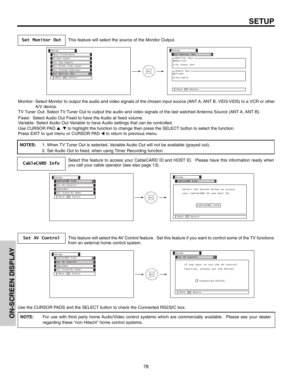 Setup, On-screen displa y | Hitachi 50VX915 User Manual | Page 78 / 96