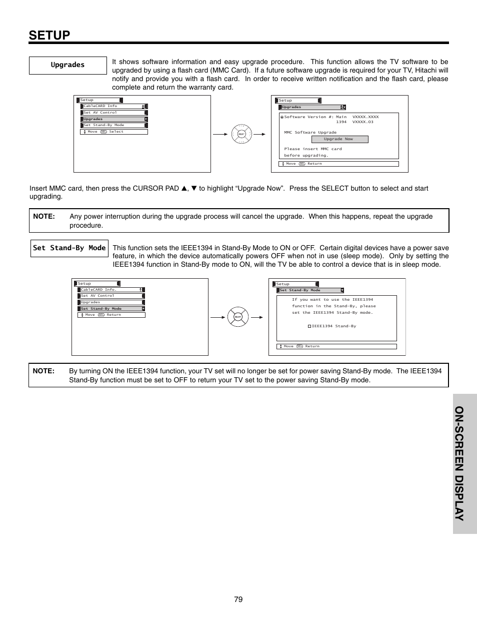 Setup, On-screen displa y | Hitachi 50VX915 User Manual | Page 79 / 96