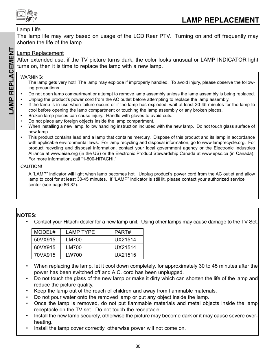 Lamp replacement | Hitachi 50VX915 User Manual | Page 80 / 96