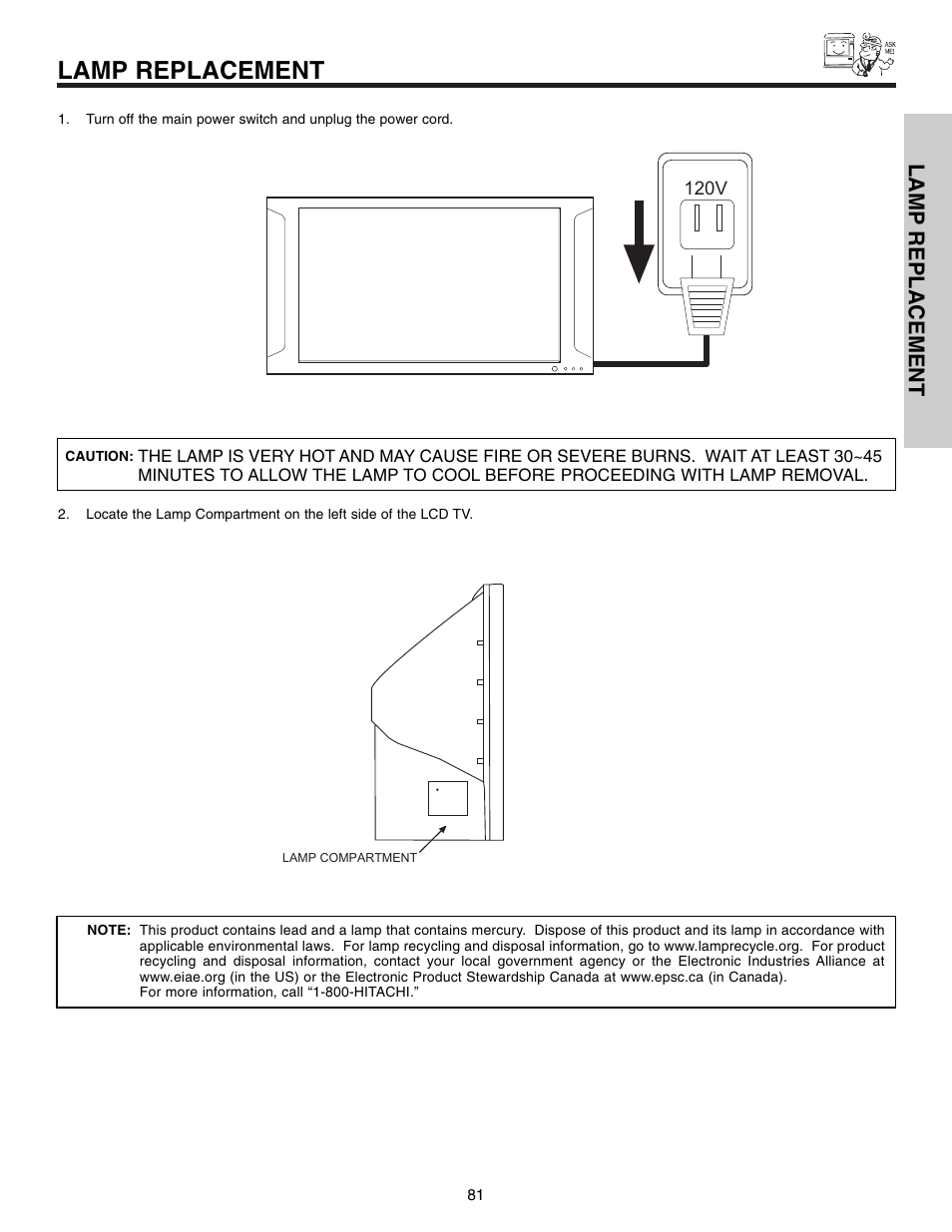 Lamp replacement | Hitachi 50VX915 User Manual | Page 81 / 96