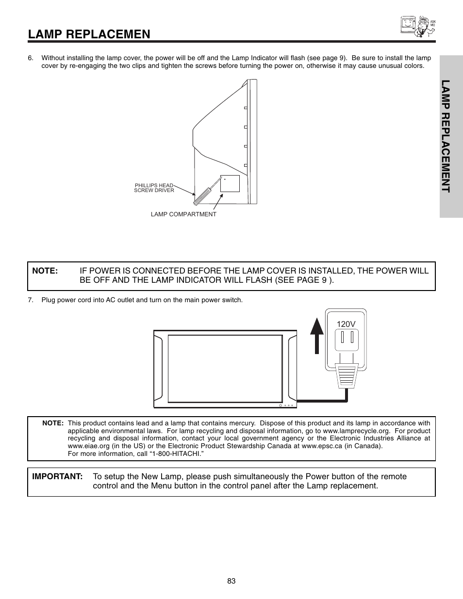 Lamp replacemen, Lamp replacement | Hitachi 50VX915 User Manual | Page 83 / 96