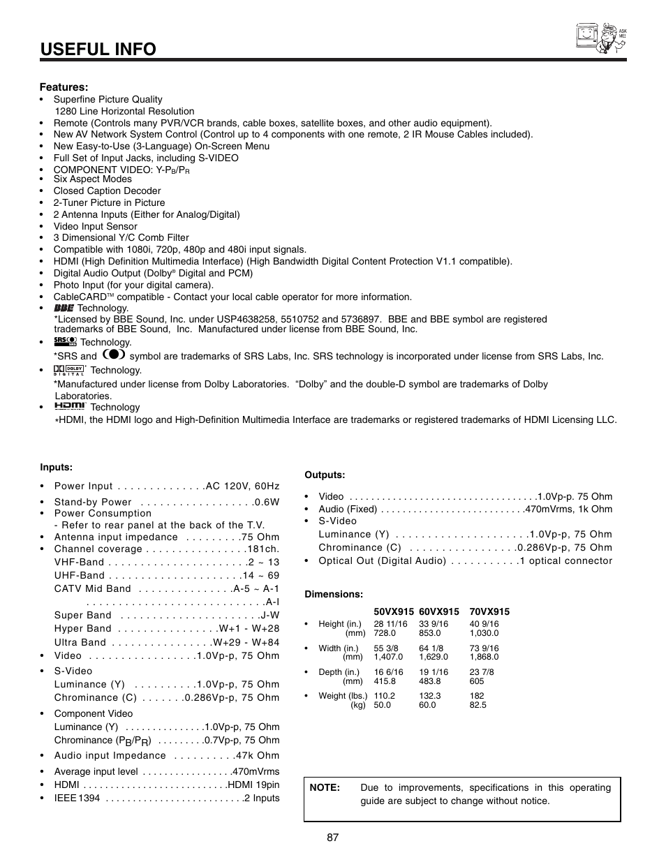 Useful info | Hitachi 50VX915 User Manual | Page 87 / 96